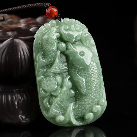 Jade Natural Jade Koi Fish Lotus Wealth Prosperity Necklace Pendant