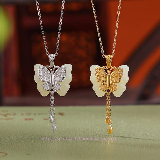 Jade 925 Sterling Silver Plated Gold Hetian White Jade Butterfly Blessing Necklace Pendant