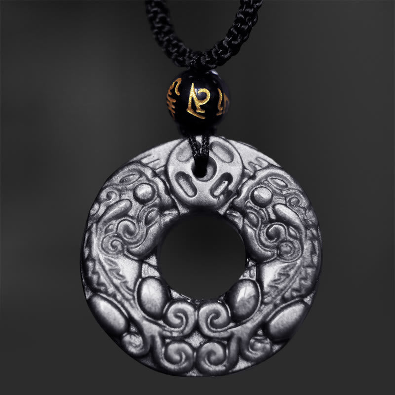 Spirituality Buddha Karma Natural Silver Sheen Obsidian Double PiXiu Copper Coin Peace Buckle Protection Necklace Pendant