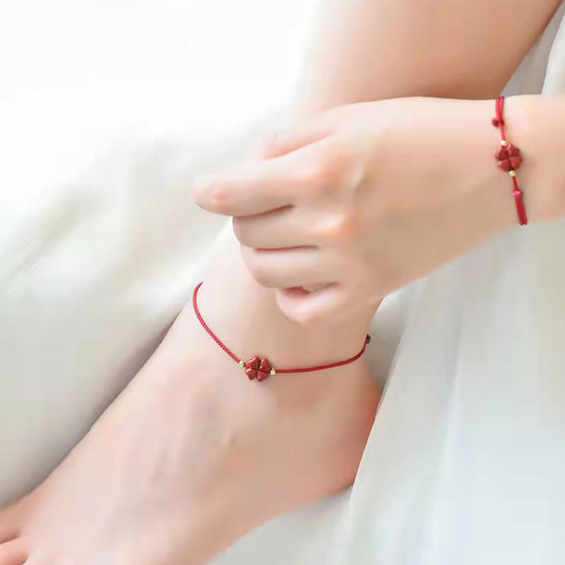 Spirituality Buddha Karma Natural Cinnabar Four Leaf Clover Blessing Red String Bracelet Anklet