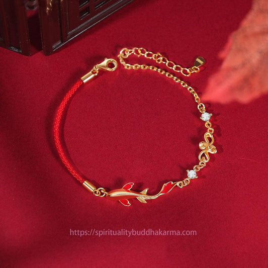 Ancient Tibetan Buddhist Red String Tradition 925 Sterling Silver Koi Fish Zircon Wealth Success Braided Chain Bracelet
