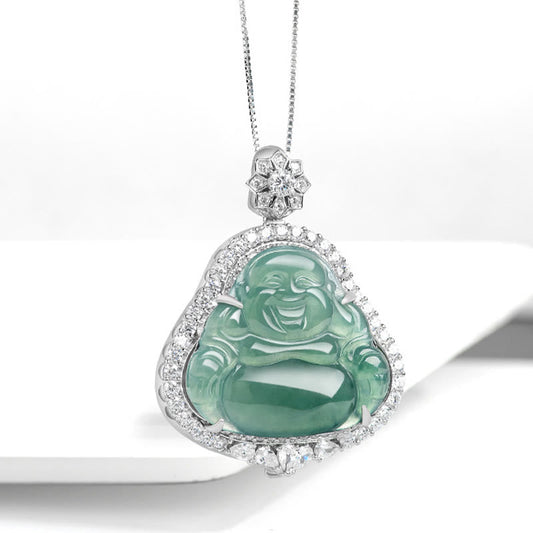 Buddha Energy Necklace 925 Sterling Silver Laughing Buddha Natural Jade Luck Abundance Chain Necklace Pendant