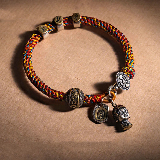 Tibetan Knot Protection Handmade Tibetan 925 Sterling Silver Chinese Zodiac Natal Buddha Zakiram Goddess of Wealth Protection Multicolored Rope Braided Bracelet