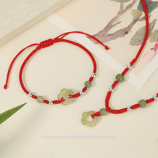 Ancient Tibetan Buddhist Red String Tradition 925 Sterling Silver Natural Hetian Cyan Jade Flower Pentagram Luck Red Rope Necklace Pendant Bracelet Set