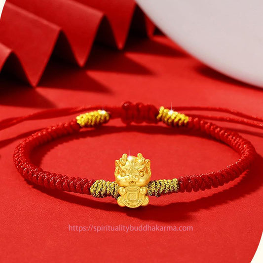 Ancient Tibetan Buddhist Red String Tradition 999 Sterling Silver Year of the Dragon Copper Coin Fortune Dragon Fu Character Luck Handcrafted Red String Braided Bracelet