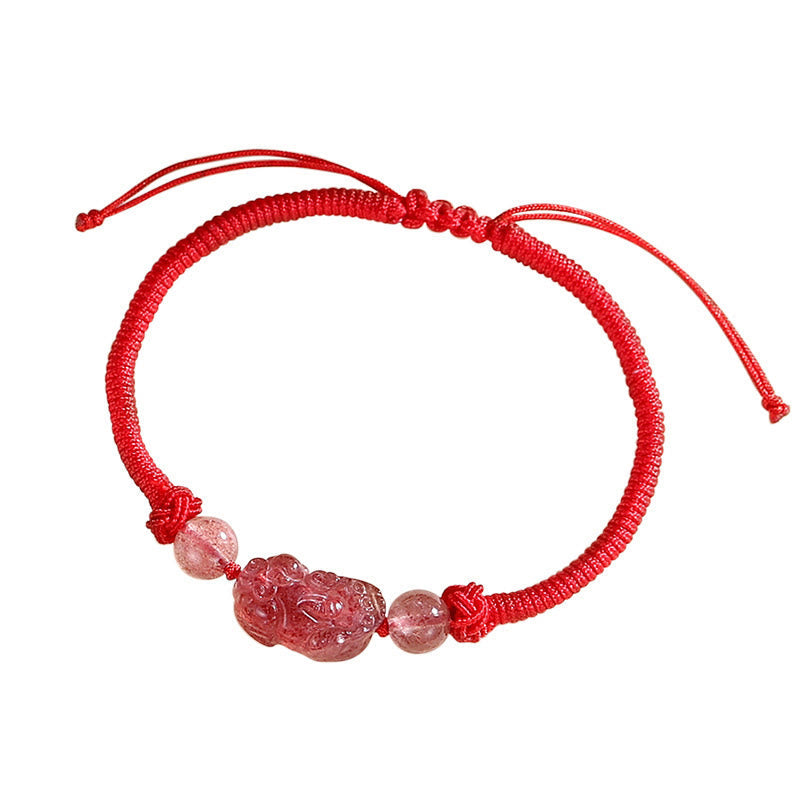 Spirituality Buddha Karma Handmade Natural Silver Sheen Obsidian Strawberry Quartz PiXiu Protection Braided Bracelet