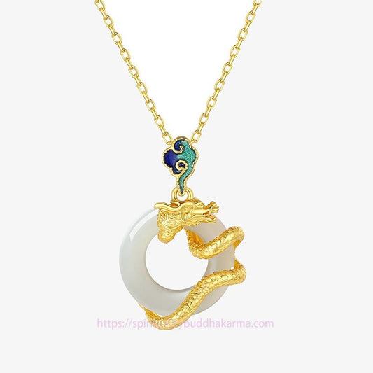 Jade Year Of The Dragon 925 Sterling Silver Hetian White Jade Peace Buckle Auspicious Clouds Success Necklace Pendant