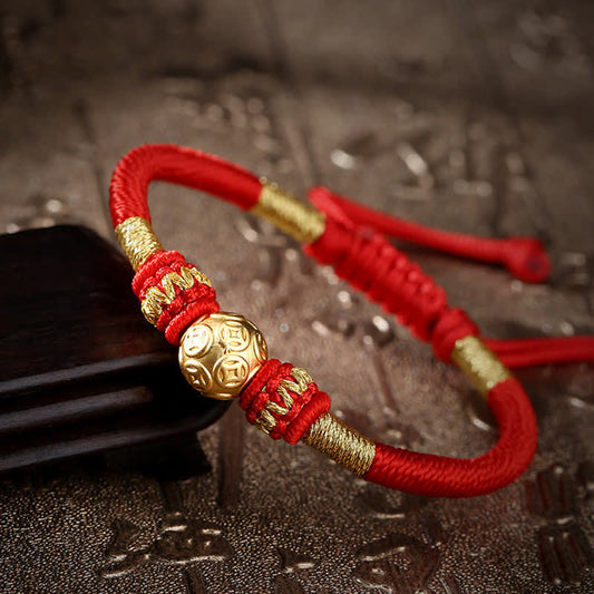 Ancient Tibetan Buddhist Red String Tradition 999 Sterling Silver Round Copper Coin Protection Luck Beaded String Bracelet