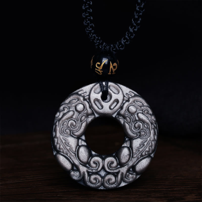 Spirituality Buddha Karma Natural Silver Sheen Obsidian Double PiXiu Copper Coin Peace Buckle Protection Necklace Pendant