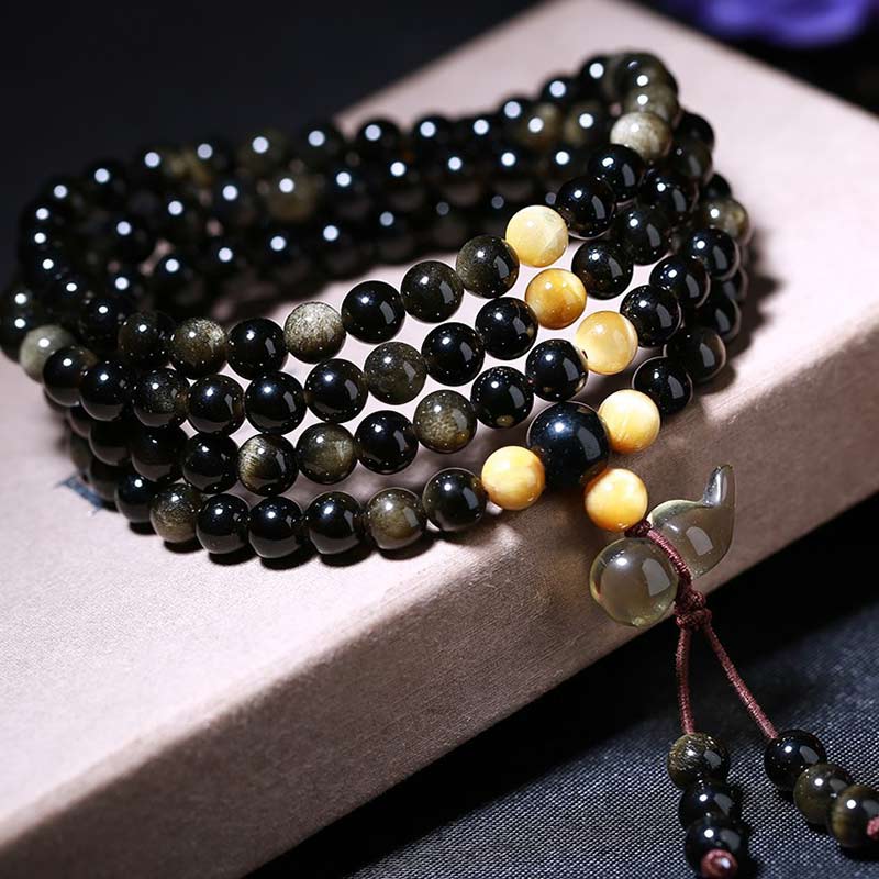 Spirituality Buddha Karma Natural Ice Obsidian Tiger Eye Gourd Bracelet Mala