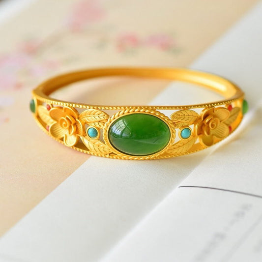 Jade Cyan Jade White Jade Flower Leaf Harmony Luck Bracelet Bangle