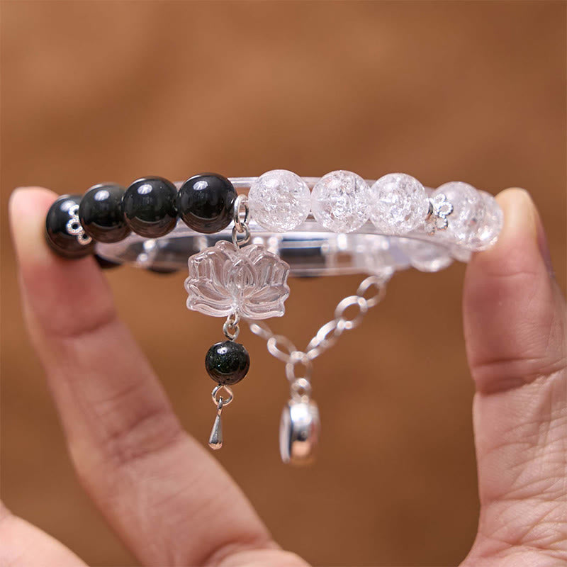 Spirituality Buddha Karma Silver Sheen Obsidian Crackle Clear Quartz Black Rutilated Quartz Yin Yang Lotus Protection Bracelet