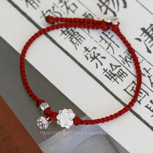 Ancient Tibetan Buddhist Red String Tradition Handmade Lotus Flower Luck Braid Red Rope Bracelet