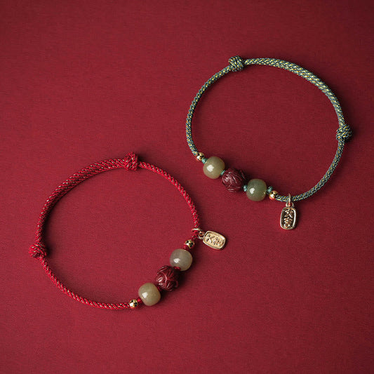 Jade 14K Gold Plated Hetian Jade Cinnabar Lotus Luck Handcrafted Rope Bracelet