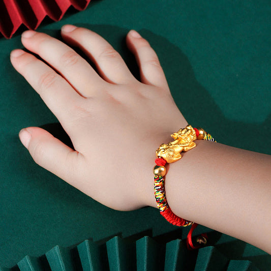 Ancient Tibetan Buddhist Red String Tradition 999 Sterling Silver PiXiu Wealth King Kong Knot String Braided Kids Child Bracelet
