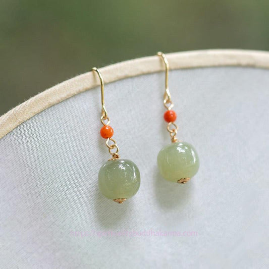 Jade  925 Sterling Silver 14K Gold Plated Hetian Jade Red Agate Luck Drop Dangle Earrings