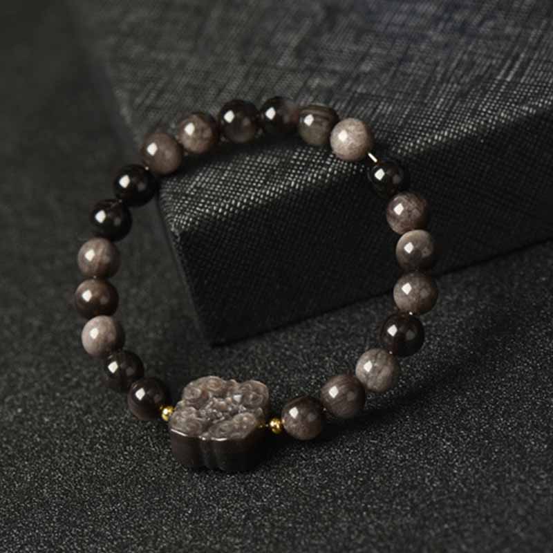 Spirituality Buddha Karma Silver Sheen Obsidian Lotus Flower Nine Tailed Fox Laughing Buddha Protection Bracelet