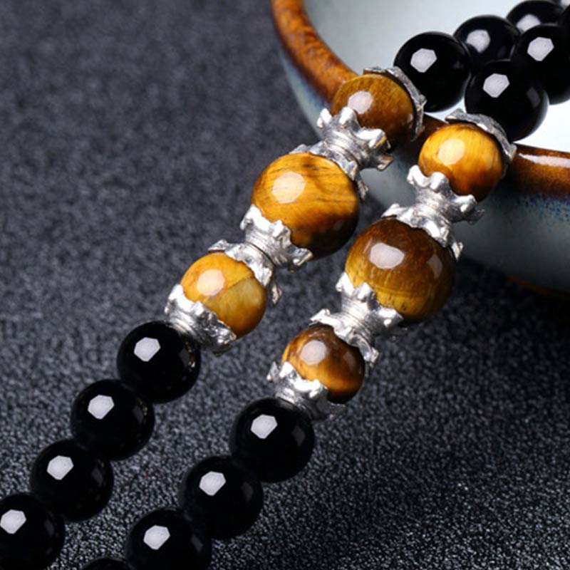 Spirituality Buddha Karma 108 Beads Natural Black Obsidian Tiger Eye Mala Bracelet