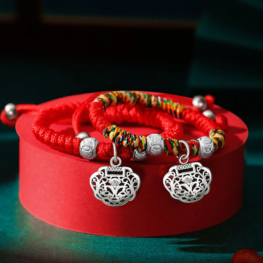 Ancient Tibetan Buddhist Red String Tradition 925 Sterling Silver Chinese Lock Charm Multicolored Red String Protection Handmade Braided Kids Bracelet