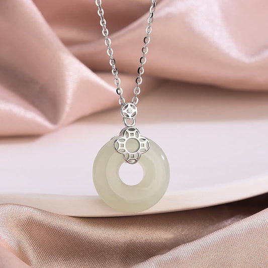 Jade 925 Sterling Silver Natural Hetian White Jade Chalcedony Coin Peace Buckle Luck Necklace Pendant