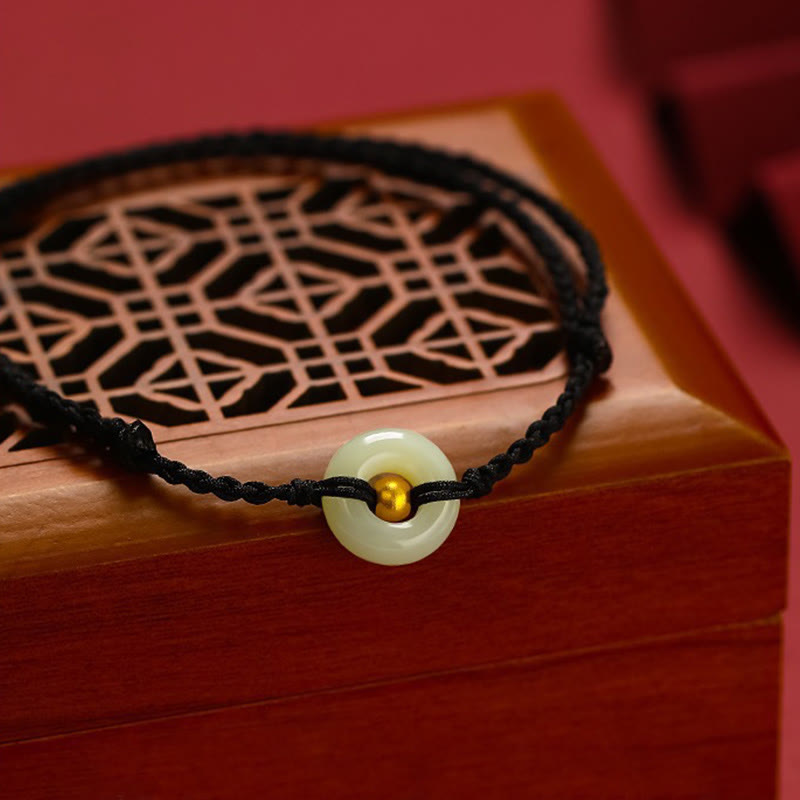 Jade 999 Gold Bead Round Peace Buckle Hetian Jade Luck Abundance Braided Bracelet Anklet