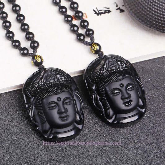 Buddha Energy Necklace Natural Black Obsidian Kwan Yin Avalokitesvara Strength String Necklace Pendant