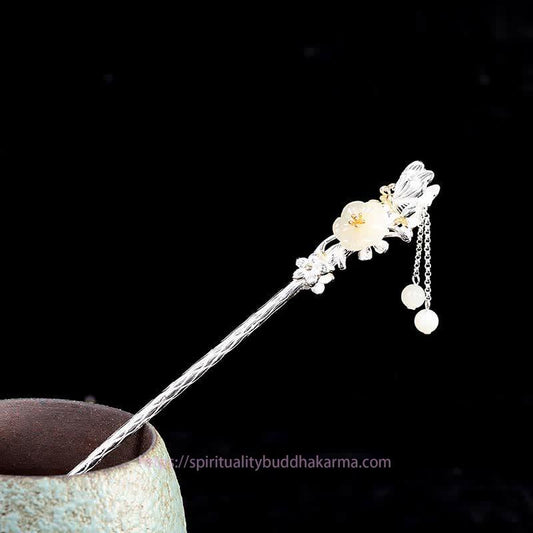 Jade 925 Sterling Silver Hetian White Jade Flower Blessing Hairpin