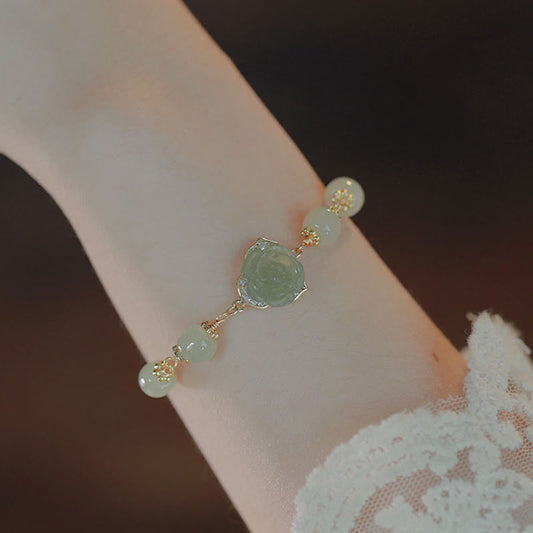 Jade 14K Gold Plated Hetian Jade Rose Flower Luck Chain Bracelet