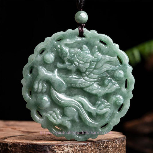 Jade Chinese Zodiac Dragon Phoenix Round Jade Luck Necklace String Pendant
