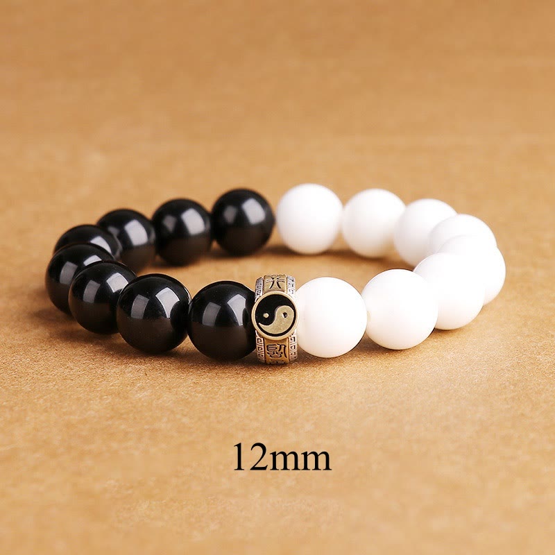 Spirituality Buddha Karma 925 Sterling Silver Black Obsidian White Shell Yin Yang Strength Bracelet