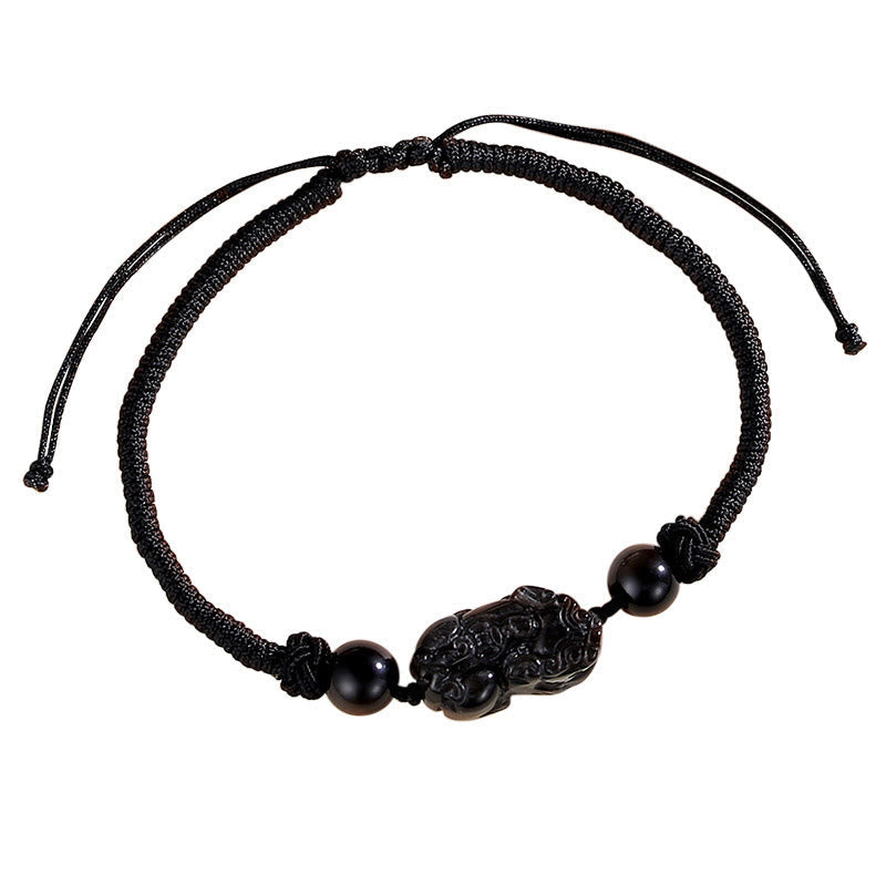 Spirituality Buddha Karma Handmade Natural Silver Sheen Obsidian Strawberry Quartz PiXiu Protection Braided Bracelet
