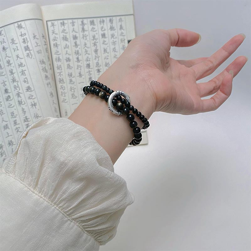 Spirituality Buddha Karma 999 Sterling Silver Black Obsidian Fulfillment Strength Double Layer Bracelet