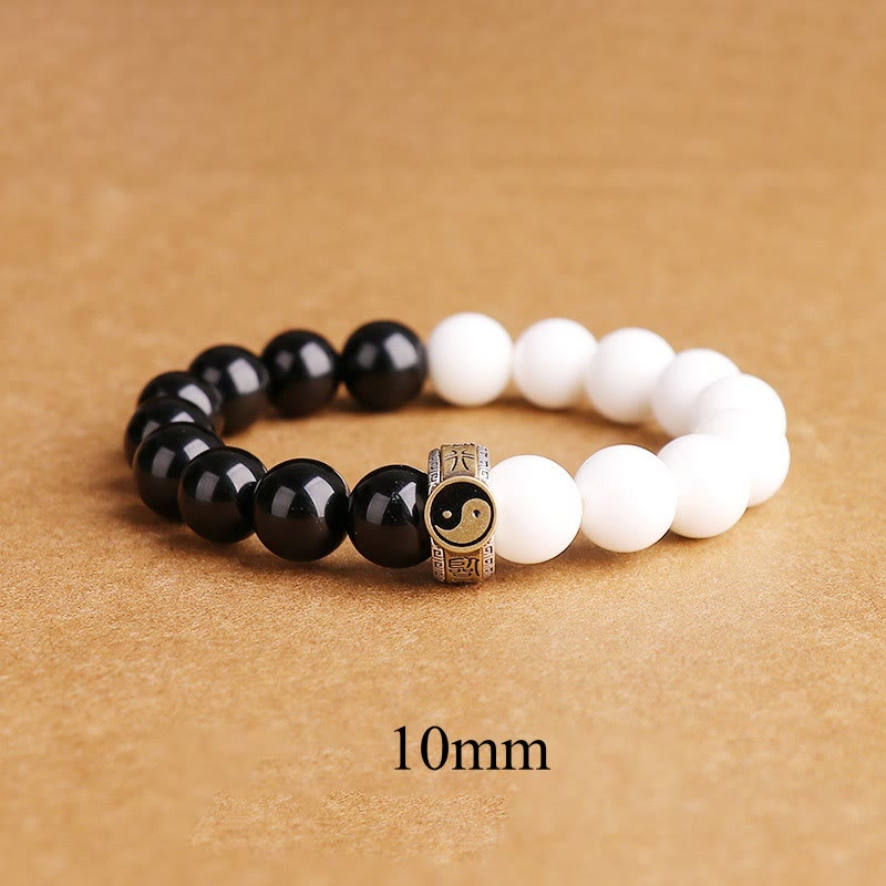 Spirituality Buddha Karma 925 Sterling Silver Black Obsidian White Shell Yin Yang Strength Bracelet