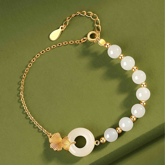 Jade 925 Sterling Silver Hetian White Jade Peace Buckle Ginkgo Leaf Luck Bracelet