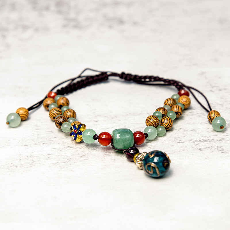 Spirituality Buddha Karma Wenge Wood Green Aventurine Balance Protection Anklet
