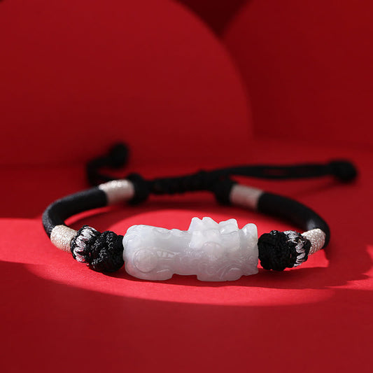 Jade Handmade Natural Jade PiXiu Luck Prosperity Braided String Bracelet