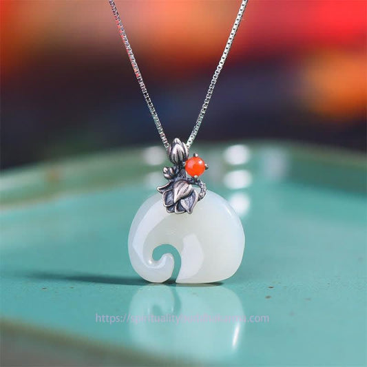 Jade  White Jade Elephant Lotus Protection Necklace Pendant