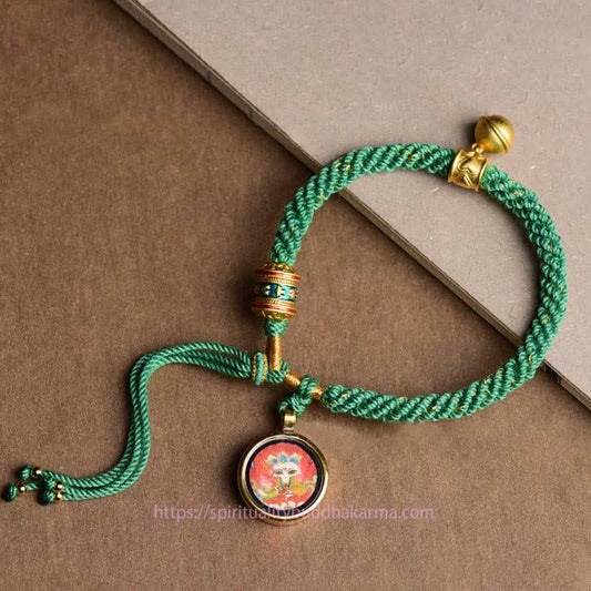 Ancient Tibetan Buddhist Red String Tradition Tibetan Five God Of Wealth Thangka Luck Prayer Wheel Bell Braid String Bracelet