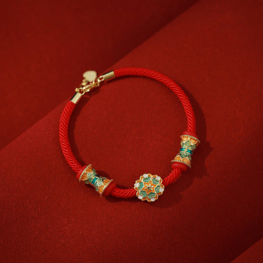 Ancient Tibetan Buddhist Red String Tradition Dunhuang 925 Sterling Silver Lotus Drum New Beginning Red Rope Bracelet