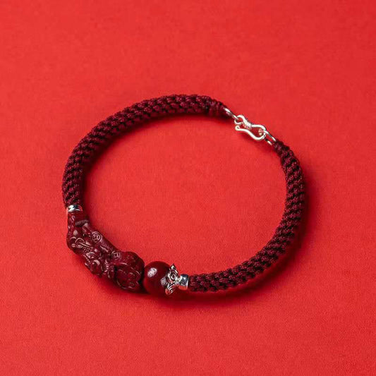 Ancient Tibetan Buddhist Red String Tradition Handcrafted PiXiu Cinnabar Wealth Luck Braided Bracelet