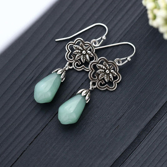 Jade  Magnolia Flower Jade Water Drop Prosperity Dangle Earrings