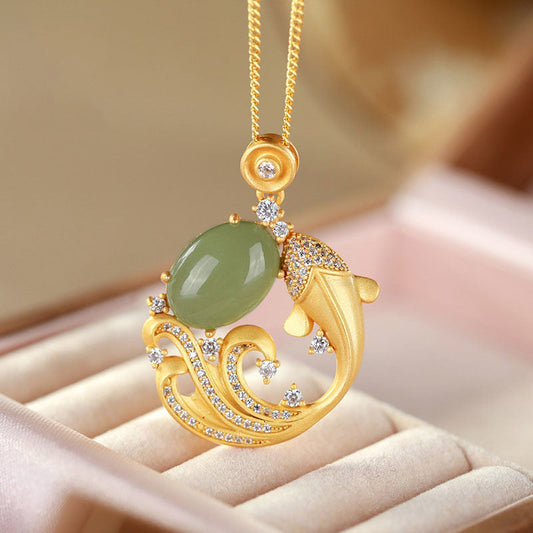 Jade Cyan Jade Koi Fish Healing Calm Necklace Pendant