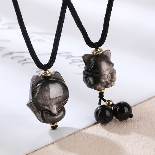 Spirituality Buddha Karma Natural Silver Sheen Obsidian Nine Tailed Fox Protection Necklace Pendant