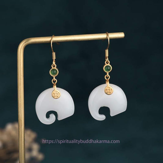 Jade FengShui Elephant White Jade Fortune Earrings