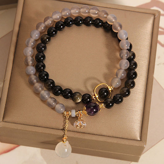 Spirituality Buddha Karma Gold Sheen Obsidian Gray Agate Lotus Charm Strengthen Double Wrap Bracelet