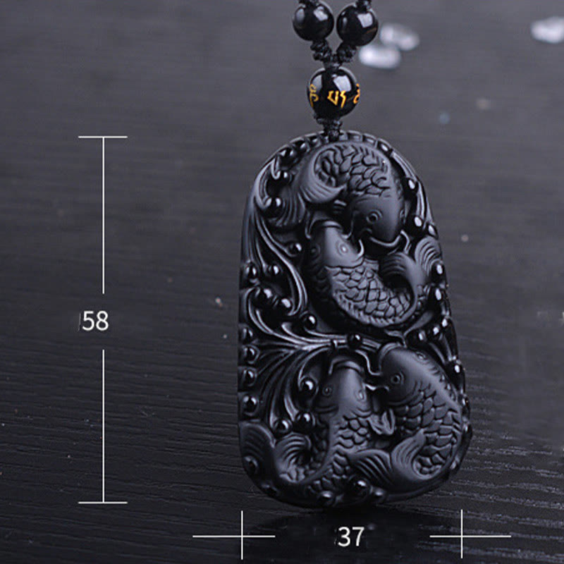 Spirituality Buddha Karma Black Obsidian Koi Fish Engraved Strength Beaded Necklace Pendant