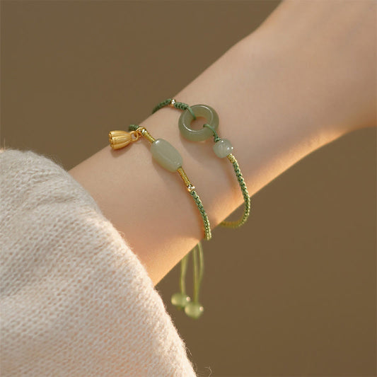 Jade Lotus Jade Peace Buckle Bead Luck Happiness Charm String Bracelet