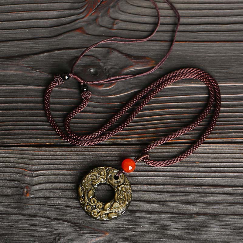 Spirituality Buddha Karma Gold Sheen Obsidian Peace Buckle Pixiu Copper Coin Wealth Necklace Pendant