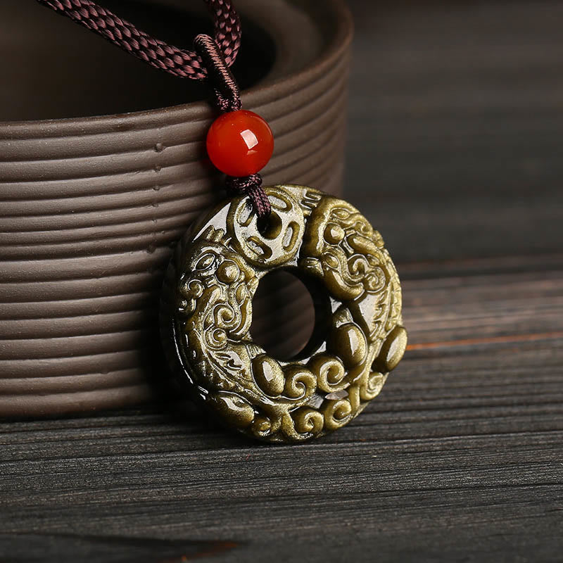 Spirituality Buddha Karma Gold Sheen Obsidian Peace Buckle Pixiu Copper Coin Wealth Necklace Pendant