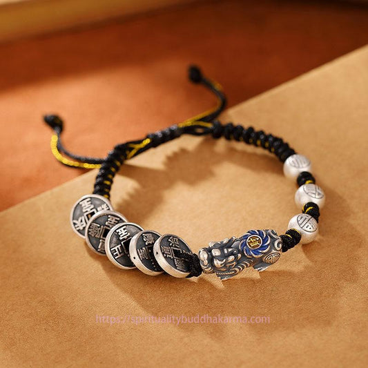 Ancient Tibetan Buddhist Red String Tradition 999 Sterling Silver FengShui PiXiu Copper Coin Fu Character Wealth Braided Bracelet